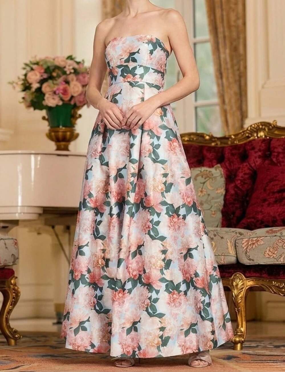 Sachin & Babi Giovanna Mikado Floral Strapless Formal Maxi Ball Gown Dress Sz 2